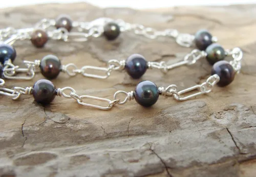 Vista 5 de Genuine Black Pearl Sterling Silver Anklet: handmade, dainty, adjustable length 9-10 inches