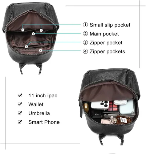 Vista 6 de COOLCY Mochila de cuero genuino para mujer, mochila elegante multifuncional para mujer, Negro -, Casual