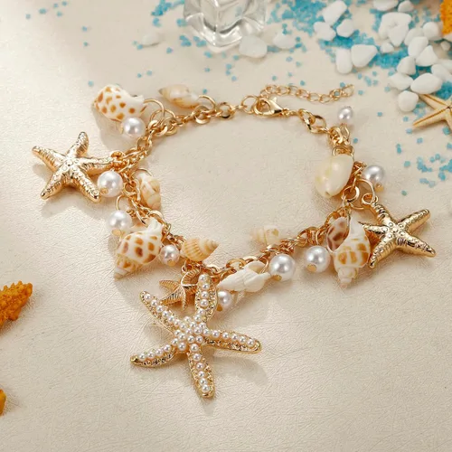 Vista 3 de Collar de estrella de mar de concha, pulsera de caracola, collar grueso de sirena, joyería de playa para mujer