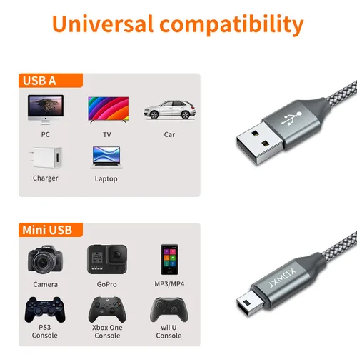 Vista 6 de JXMOX Cable mini USB, (3.3 pies 2 unidades) USB 2.0 tipo A macho a Mini B cable de carga compatible con Hero 3+, controlador PS3, cámara digital
