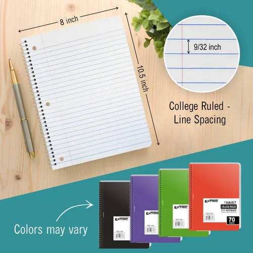 Vista 3 de EXTRIC Cuaderno de espiral con rayas universitarias, paquete de 24, 1 cuaderno de espiral de 70 hojas, 8 x 10.5 pulgadas, cuadernos de un solo tema