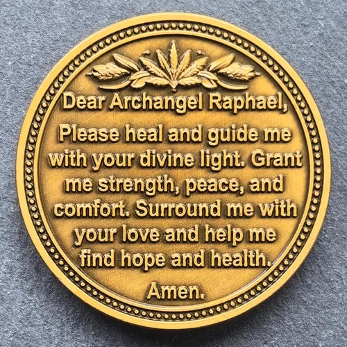 Vista 6 de Moneda curativa Arcángel Rafael, medallón espiritual de 1.57 pulgadas con oración curativa, símbolo de luz divina, regalo motivacional