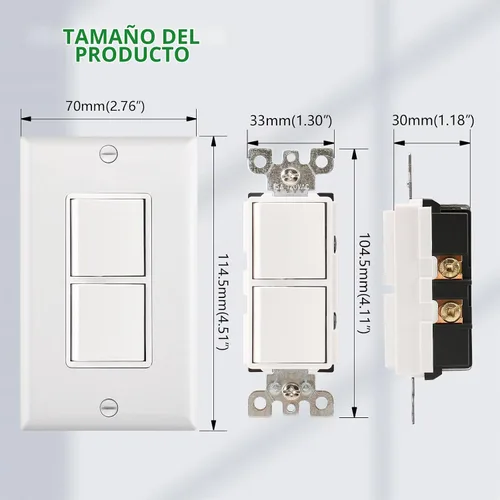 Vista 4 de Wengart Interruptor decorativo de combinación dúplex basculante con placa de pared, interruptor de luz doble de 15 amperios y 120 V, interruptor