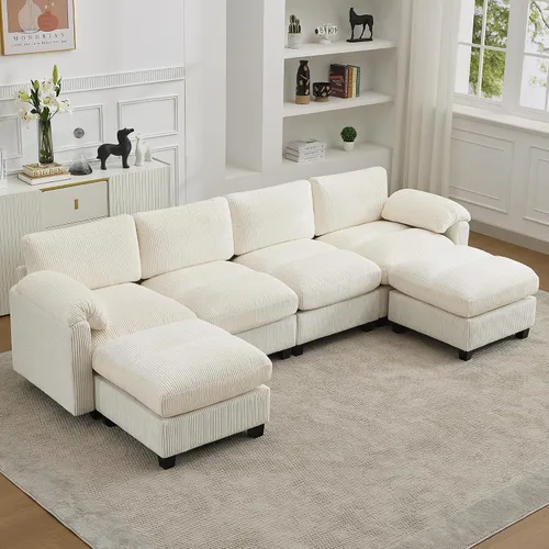 Vista 30 de Sofá modular de 61 pulgadas con otomana, asiento extra profundo para sala de estar, sofá de asiento profundo de pana con almohadas para Beige