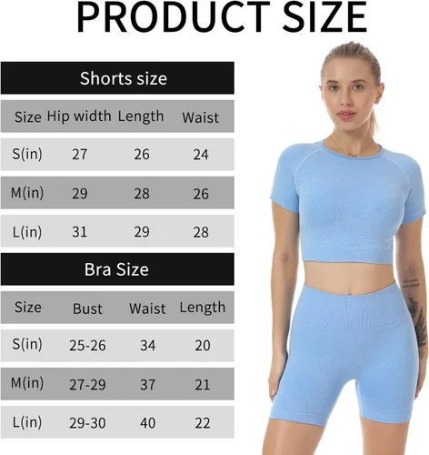 Vista 5 de Conjuntos de yoga para mujer, conjunto de 2 piezas, sin costuras, manga corta, camiseta corta, leggings de entrenamiento, ropa deportiva