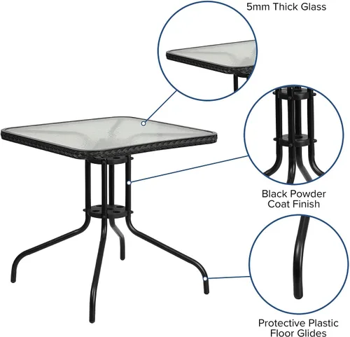Vista 4 de Muebles Flash de 28 pulgadas tabla de cristal moderada cuadrada del metal con el borde de ratán negro