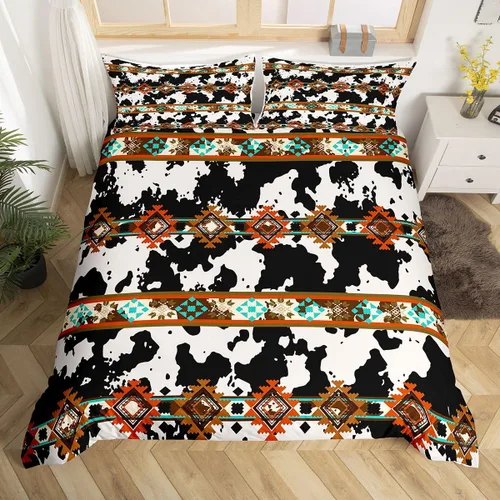 Vista 26 de Erosebridal Funda de edredón de piel de vaca marrón con estampado de vaca de las tierras altas, juego de ropa de cama occidental exótico azteca
