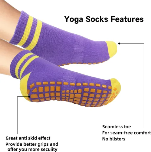 Vista 7 de Klmnop 4 pares de calcetines de yoga antideslizantes con agarres para pilates, ballet, barras, descalzos, calcetines antideslizantes para hospitales