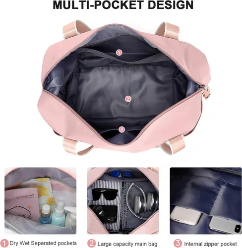 Vista 4 de Bolsa de viaje para mujeres y hombres, bolsa de fin de semana, T7-Rosa