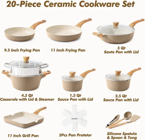 Vista 3 de SENSARTE Juego de utensilios de cocina de cerámica, juego de ollas y sartenes antiadherentes, 20 piezas de utensilios de cocina de inducción,