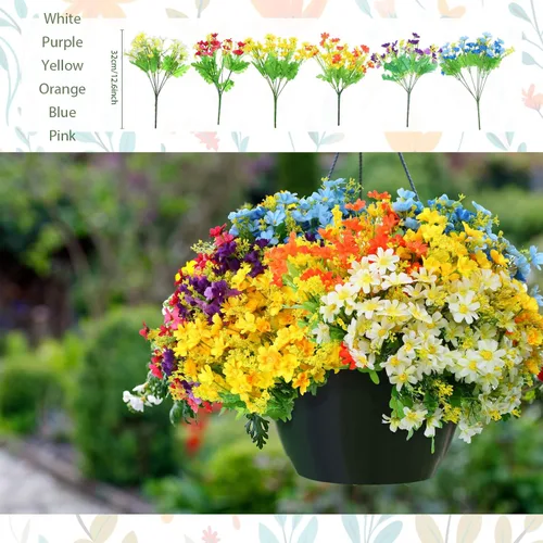 Vista 4 de Zeyune Juego de 48 plantas y flores colgantes falsas, ramo de flores de orquídeas coloridas, helecho boston, plástico, eucalipto, cesta suculenta