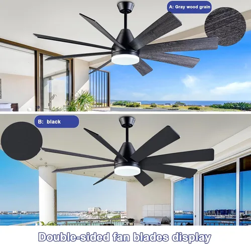 Vista 7 de Ventilador de techo iluminado de 62 pulgadas, negro, con control remoto, función de memoria completa, funcionamiento silencioso, ideal para garajes