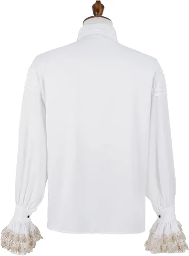 Vista 3 de Camisa pirata medieval para hombre, disfraz de Halloween, cosplay, victoriano, vampiro, renacentista, steampunk, gótico, camisa con volantes.
