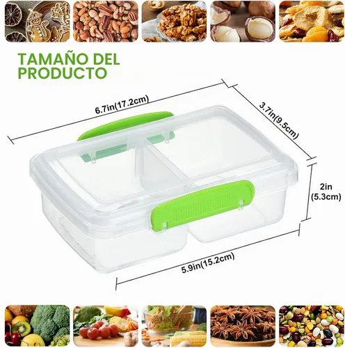 Vista 2 de Paquete de 4 recipientes de plástico para aperitivos con tapas, contenedor de alimentos de 2 compartimentos para caja de aperitivos para niños