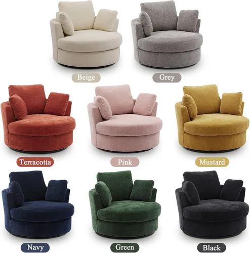Vista 8 de Silla giratoria de barril para sala de estar, moderna silla giratoria redonda para sofá, silla de club de chenilla, silla Boucle, sillón decorativo