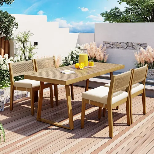 Vista 14 de RUNNA Juego de mesa de comedor de 6 piezas, juegos de muebles de exterior con agujero para paraguas, mesa rectangular de 71 pulgadas, sillas y banco