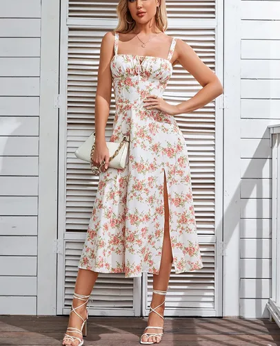 Vista 2 de Vestido floral con corsé por debajo de la rodilla, bohemio, con abertura fluida, con cordones, para mujer, para salir, acampanado, vestido informal.