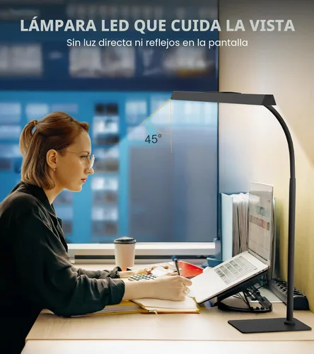 Vista 3 de Lámpara de escritorio para oficina en casa con base, luz de escritorio con cuello de cisne ajustable, adaptador USB de 12 W, control táctil, 5