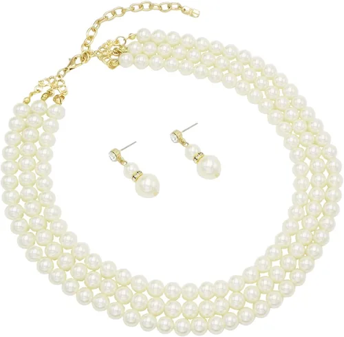 Vista 6 de Rosemarie Collections Juego de collar y aretes clásicos de perlas de imitación de 0.315in para mujer, de 16 a 19 pulgadas con extensor de 3 pulgadas