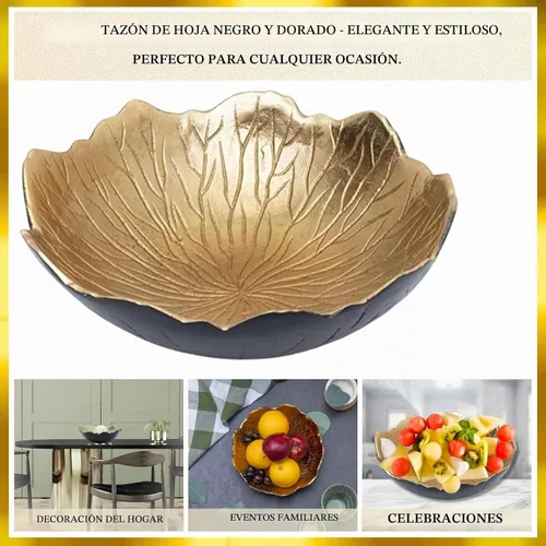 Vista 2 de Cuenco de hojas para servir frutas, aperitivos, negro y dorado, elegante decoración del hogar, mesa de mesa, charcutería, plato de tocador