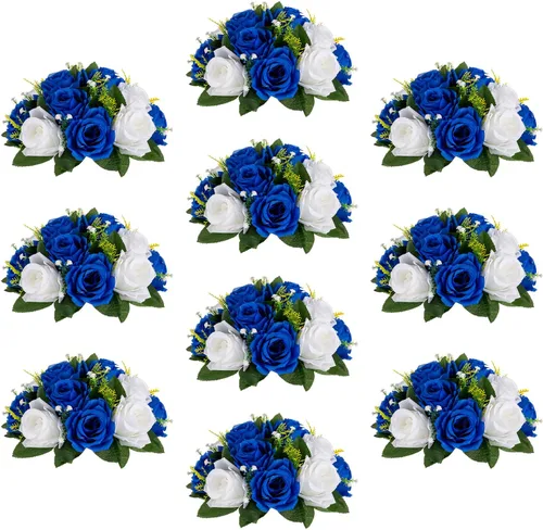 Vista 23 de Sziqiqi Flores de rosas artificiales de seda sintética para decoración de centros de mesa de boda, decoración del hogar, paquete de 2 unidades Azul
