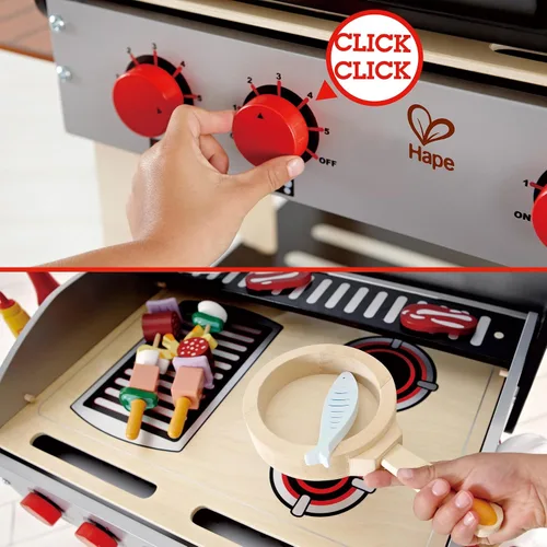 Vista 4 de Hape, Parrilla para barbacoa de juguete con set de comida de juguete para cocinar brochetas de madera con accesorios