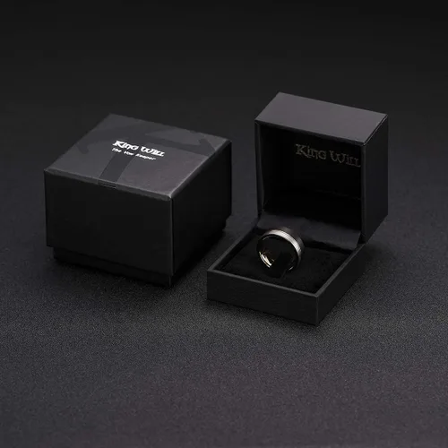 Vista 6 de King Will Loop. Anillo de boda de carburo de tungsteno de 0.2360.315de pulgada, con línea de oro rosa, anillo negro y plata cepillado, ajuste cómodo