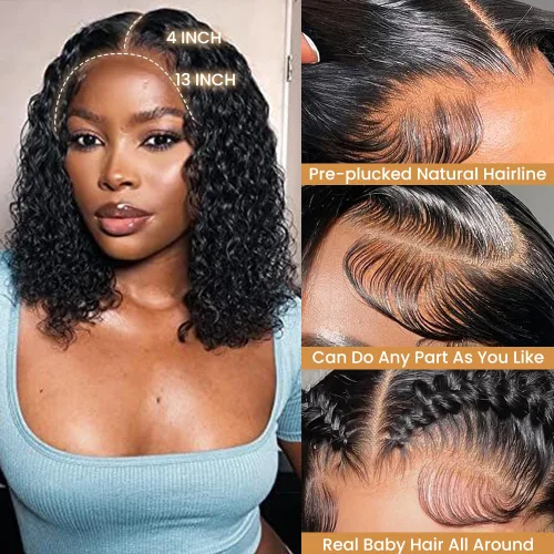Vista 2 de Pelucas con malla frontal de onda profunda 13x4, cabello humano pre-sacado, 180% de densidad, 9A, sin pegamento, pelucas de cabello humano mojadas