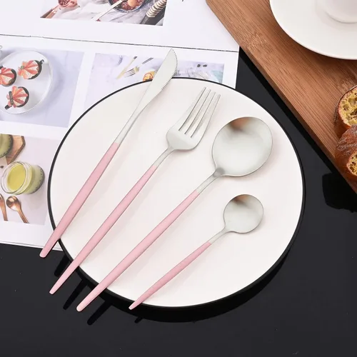 Vista 3 de JASHII Juego de 40 cubiertos de color rosa mate y plateado, juego de cubiertos de acero inoxidable para 8, incluye cucharadas de tenedor para Rosa