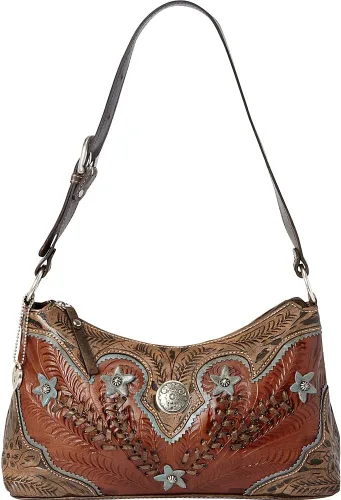Vista 3 de American West Hand Tooled Handcrafted 100% Genuine Leather Zip-Top Shoulder Bag Desert Wildflower Collection Western Marrón