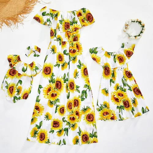 Vista 2 de PopReal - Vestidos con estampado floral a juego para madre e hija, de gasa, con volantes, manga corta, para la playa, con diadema, con tira de tela