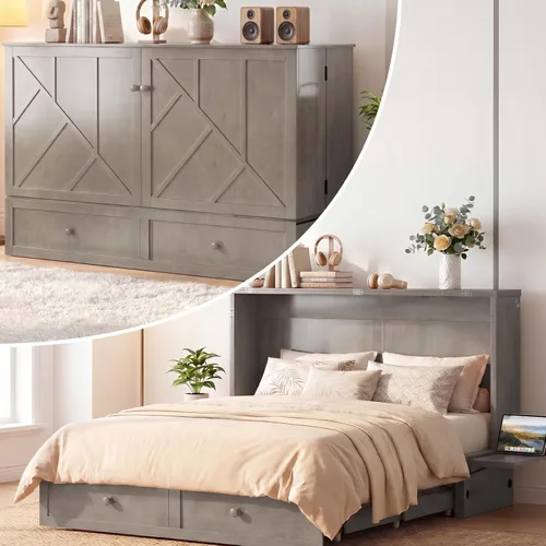 Vista 10 de Mjkone Armario de cama Queen Murphy, cama de pecho Murphy con cajón de almacenamiento, estación de carga USB, panel de noche, camas convertibles