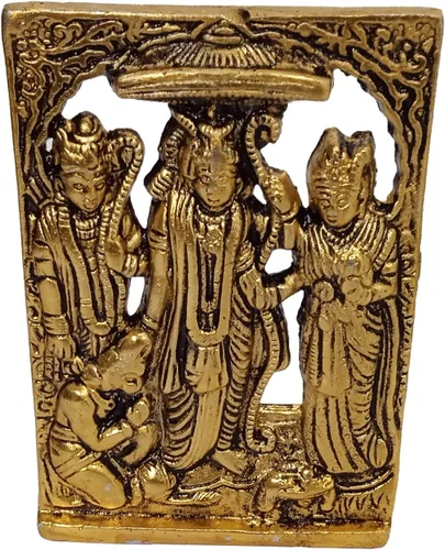 Vista 2 de Purpledip Placa de metal colgante de pared Ram Familia Darbar: Rama, Sita, Laxman, Hanuman Statues (12608)