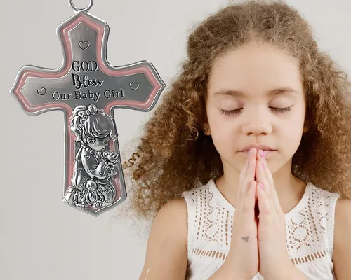 Vista 6 de Decoración de cruz de cuna rosa para bebé niña con cinta