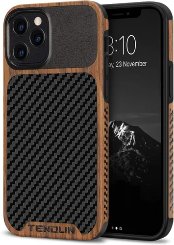 Vista 9 de TENDLIN Compatible con iPhone 12 Mini Funda de Grano de Madera con Textura de Fibra de Carbono Diseño de Cuero Híbrido Funda Negra