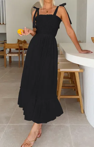 Vista 8 de ZESICA - Vestido largo de verano 2023 con tirantes delgados, cuello cuadrado, color liso, volantes, acampanado, para la playa, vestido largo