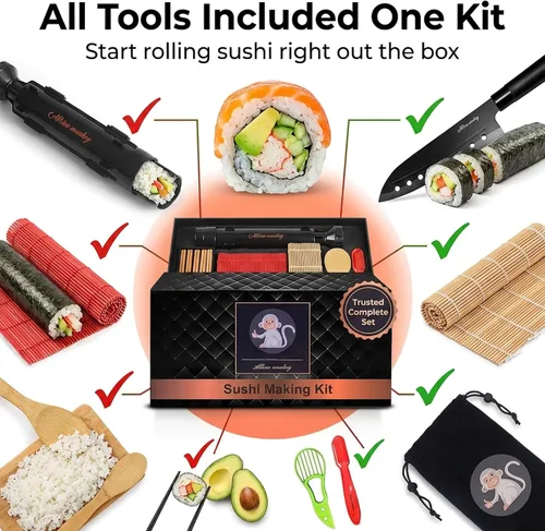 Vista 12 de Kit de fabricación de sushi de mono albino con bazuca, tapete de bambú y curso de sushi gratis Cuchillo Pro Sashimi, molde Nigiri y 5 pares