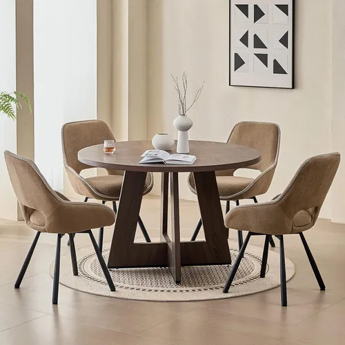 Vista 22 de Juego de mesa redonda de comedor de 47 pulgadas para 4, base en abanico, parte superior de 1.38 pulgadas de grosor, mesa de cocina de madera con 4