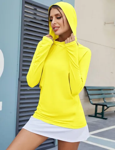 Vista 3 de LUYAA Sudadera con capucha para mujer, con protección solar UPF 50+, transpirable, elástica, de manga larga, para correr, entrenamiento al aire libre
