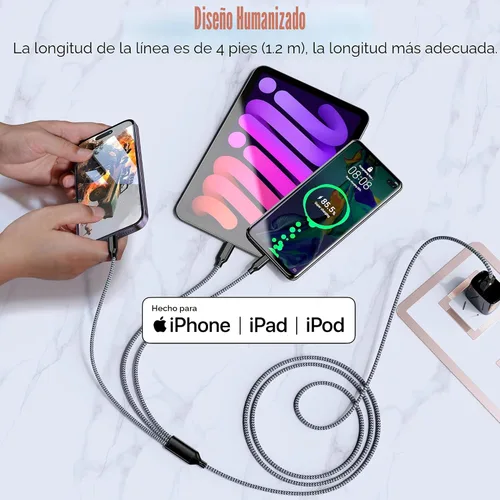 Vista 5 de Cable de carga múltiple de 10 pies, paquete de 2 cables de carga 3 en 1, cable largo de nailon trenzado rápido, cable de carga USB, cable de carga