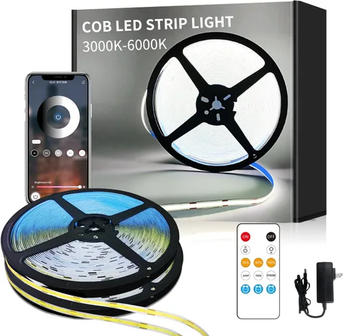 Vista 12 de Tira de luces LED COB de 32.8 pies, CC 24 V, regulable, 6000 K, luz de cinta LED flexible blanca para dormitorio, con control remoto y aplicación