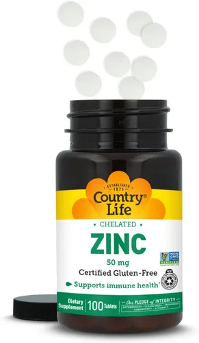 Vista 2 de Country Life Zinc 50 mg, quelato de aminoácidos, 100 tabletas, certificado sin gluten, certificado vegano, verificado sin OMG