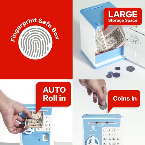 Vista 3 de LIKE Alcancía de Juguete Caja Fuerte con Huella Dactilar Cajero Automático Banco Máquina de Dinero y Monedas Caja de Ahorros para Niños Azul