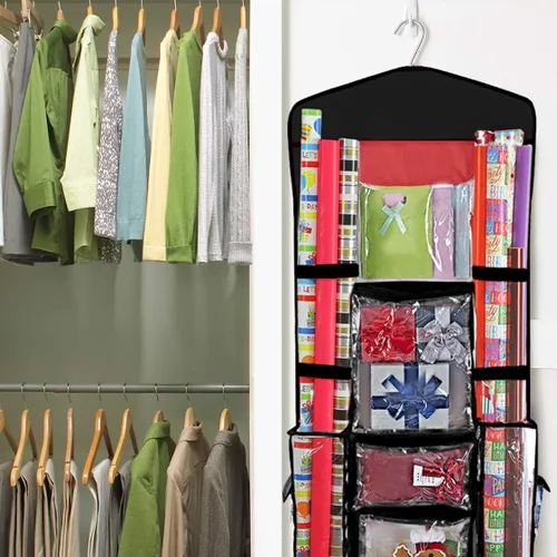 Vista 6 de ProPik Organizador de Almacenamiento de Papel de Regalo Colgante de Doble Cara con Múltiples Bolsillos Organiza tu Papel de Regalo, Bolsas