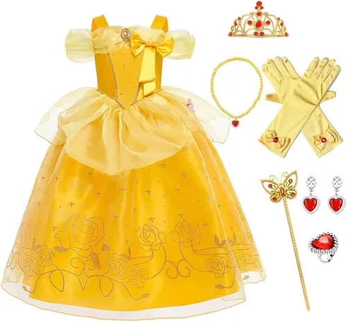 Vista 80 de FMYFWY Disfraz de princesa de Bella para niñas, disfraz de belleza y bestia, Halloween, Navidad, boda, cumpleaños (accesorios)
