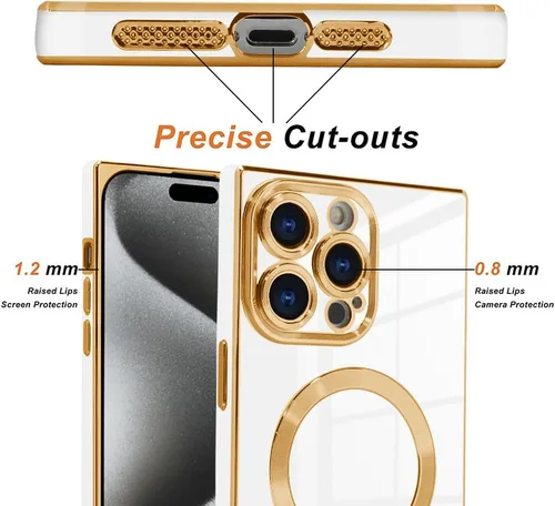 Vista 2 de OOK Funda magnética para iPhone 15 Pro Max borde chapado en oro - blanco