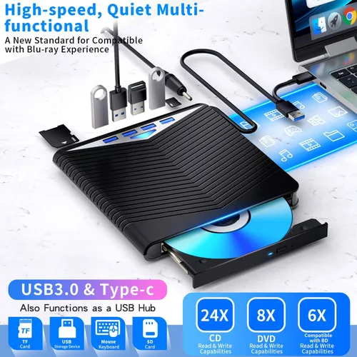 Vista 5 de Dainty Unidad Blu ray externa 7 en 1 lectura/escritura con quemador Bluray USB 3.0 y tipo C compatible con/Windows7-11 Mac OS Soporte para unidad