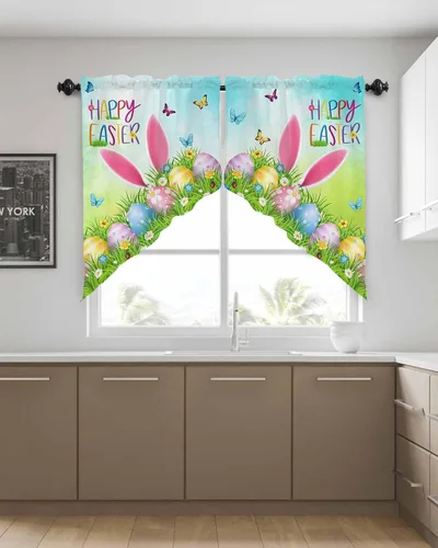 Vista 4 de BEMIGO Cenefas con estampado de huevos de Pascua, decoración de cocina, con orejas de conejo, bolsillo para barra, aislamiento térmico y lavable Rosa