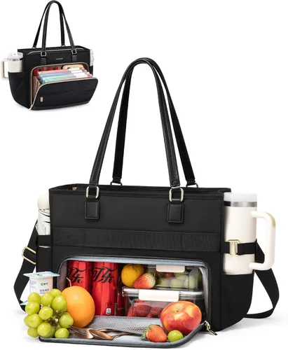 Vista 12 de LOVEVOOK Bolsa de mano para profesores, bolsa para laptop para mujer con portavasos grande y área de archivo de acordeón, bolsa de trabajo