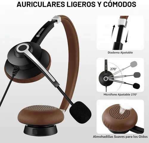 Vista 3 de Arama Auriculares USB con micrófono para PC, USB-C/A y conector de 0.1 in